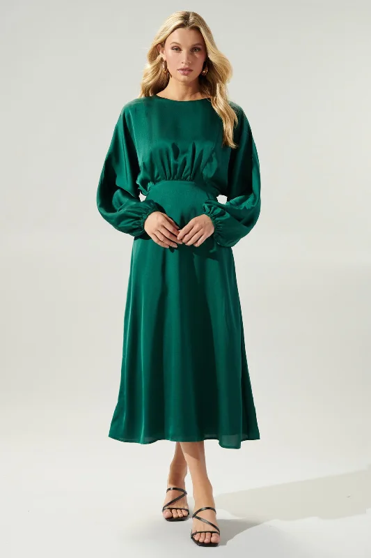 Midi dresses with ruffled bodices for a more pronounced feminine look Chateau Satin Dolman Sleeve Midi Dress Midi dresses with ruffled bodices for a more pronounced feminine look Chateau Satin Dolman Sleeve Midi Dress