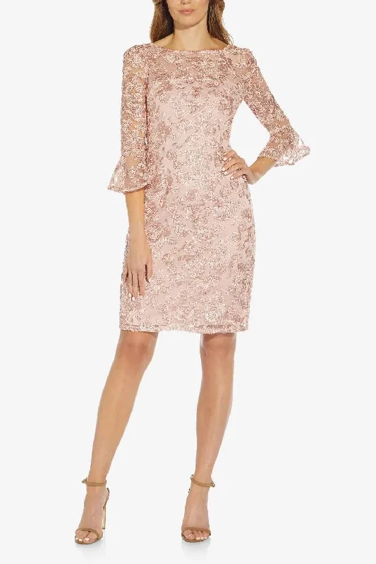 Cathedral train wedding dresses for a grand entrance Adrianna Papell AP1D104437 3/4 Bell Sleeves Short Embroidered Dress Cathedral train wedding dresses for a grand entrance Adrianna Papell AP1D104437 3/4 Bell Sleeves Short Embroidered Dress