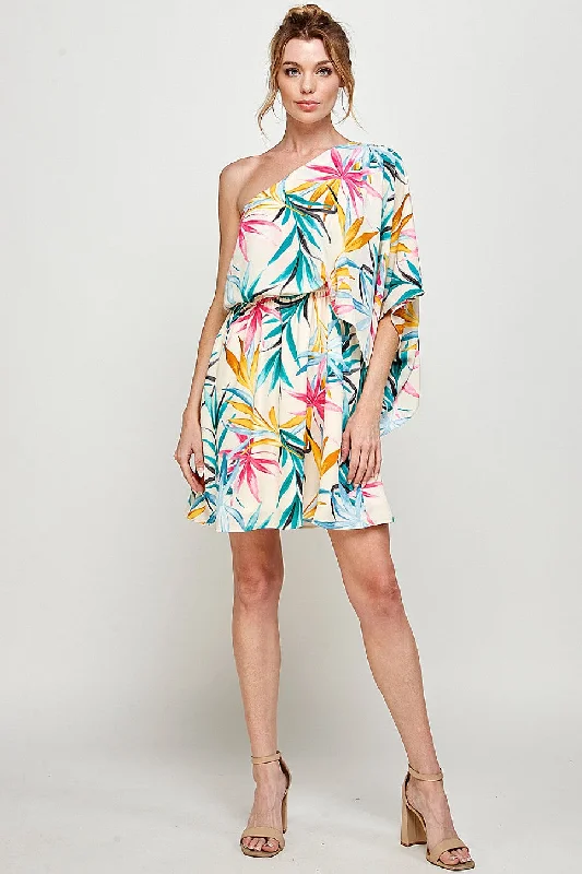 Two - piece wedding dresses with a crop top Short One Shoulder Tropical Print Dress Two - piece wedding dresses with a crop top Short One Shoulder Tropical Print Dress