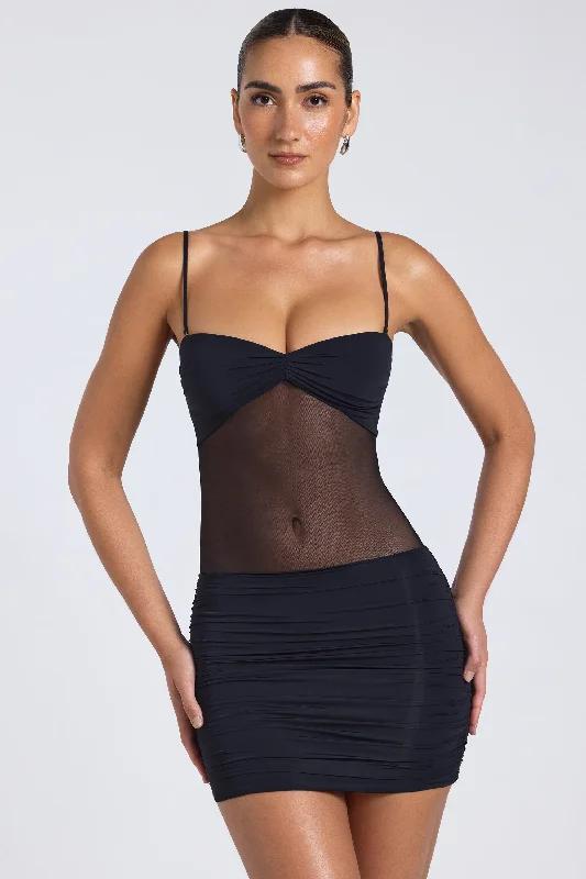 Satin mini dresses for a luxurious feel Sheer Panelled Ruched Mini Dress in Black