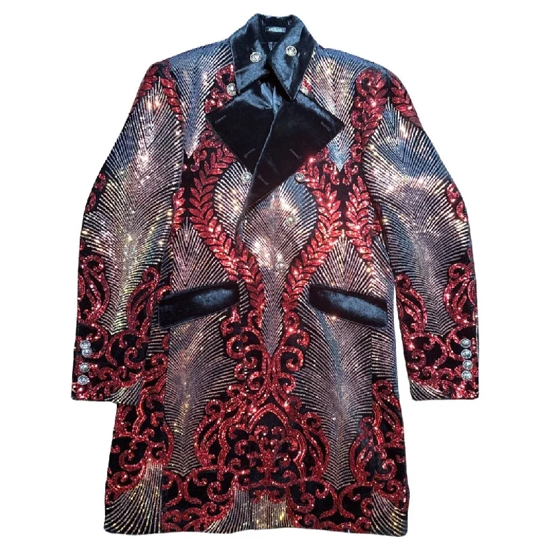 Angelino Red Sequin Double Breasted 3/4 Long Coat