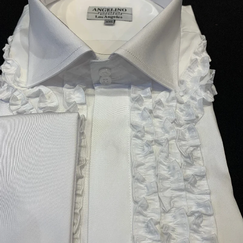 Angelino White Tuxedo Ruffle Button Up Shirt