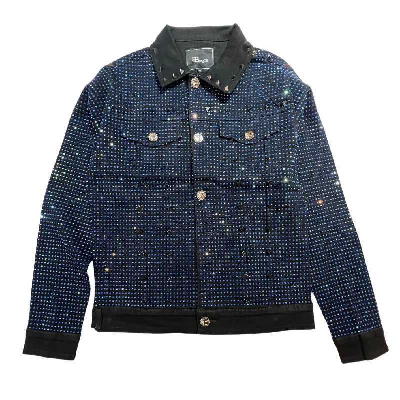 Barocco Black Fully Loaded Blue Crystal Spiked Jean Jacket