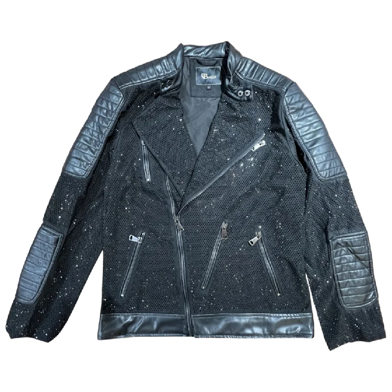 Barocco Men's Moto Black Fully Loaded Crystal Biker Jacket