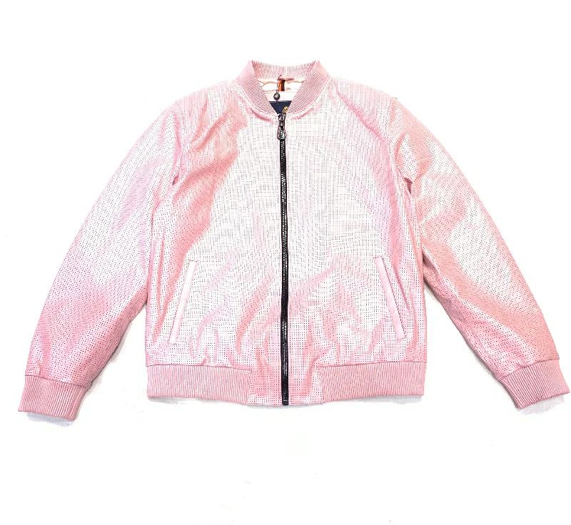 Kashani Baby Pink Perforated Lambskin Bomber Jacket