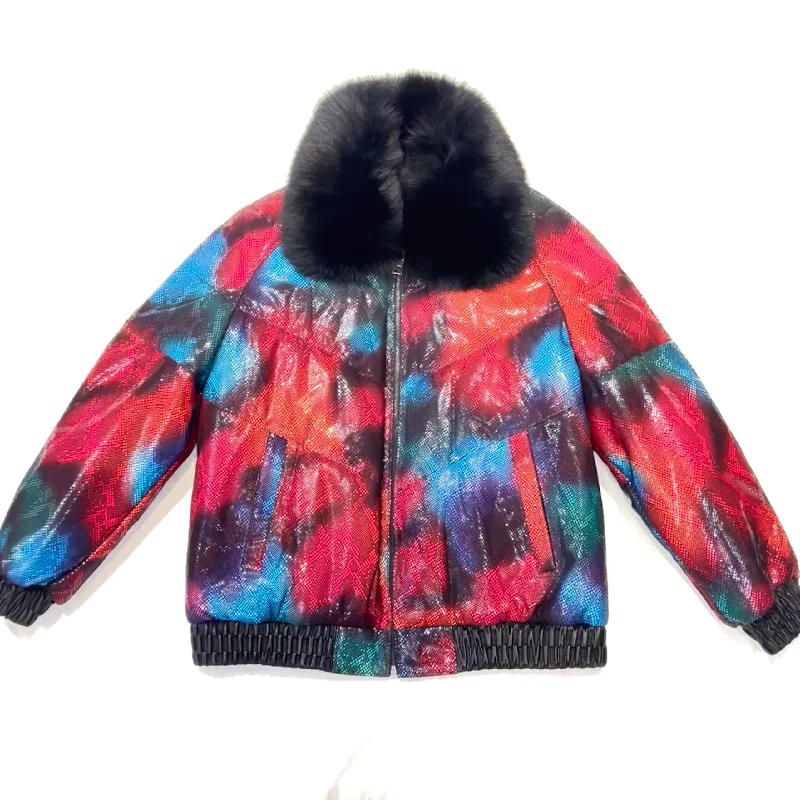 Barya NewYork Multi-Color Quilted Fox Collar Bomber Jacket