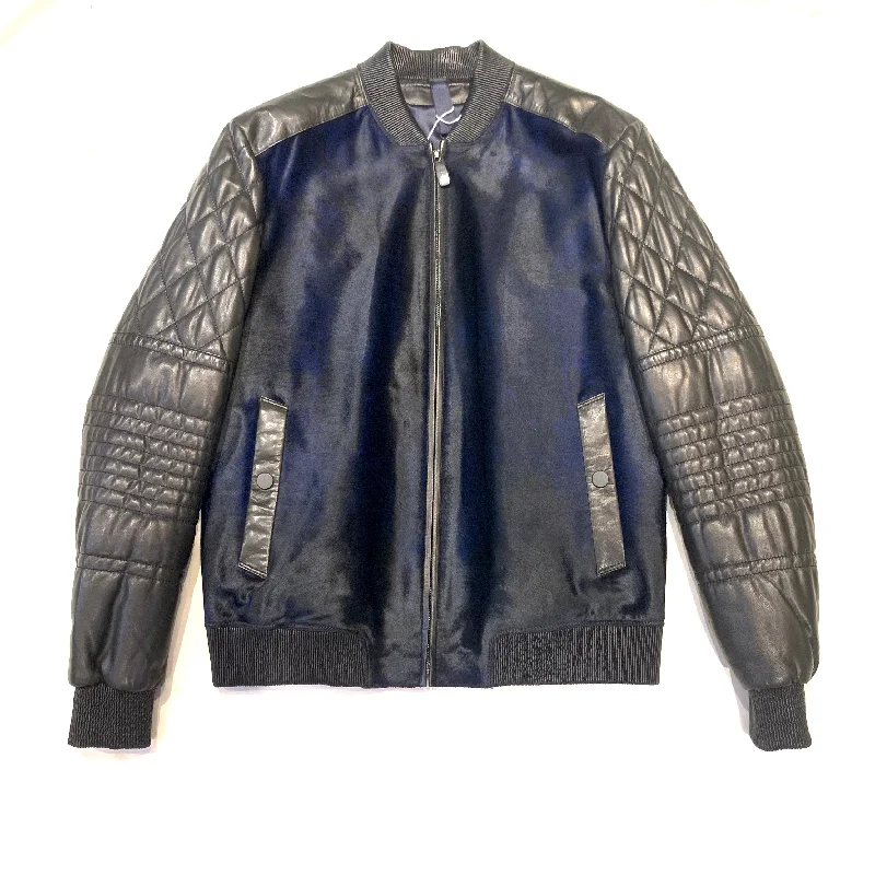 Barya NewYork Men's Navy Pony Hair Quilted Sleeve Bomber Jacket