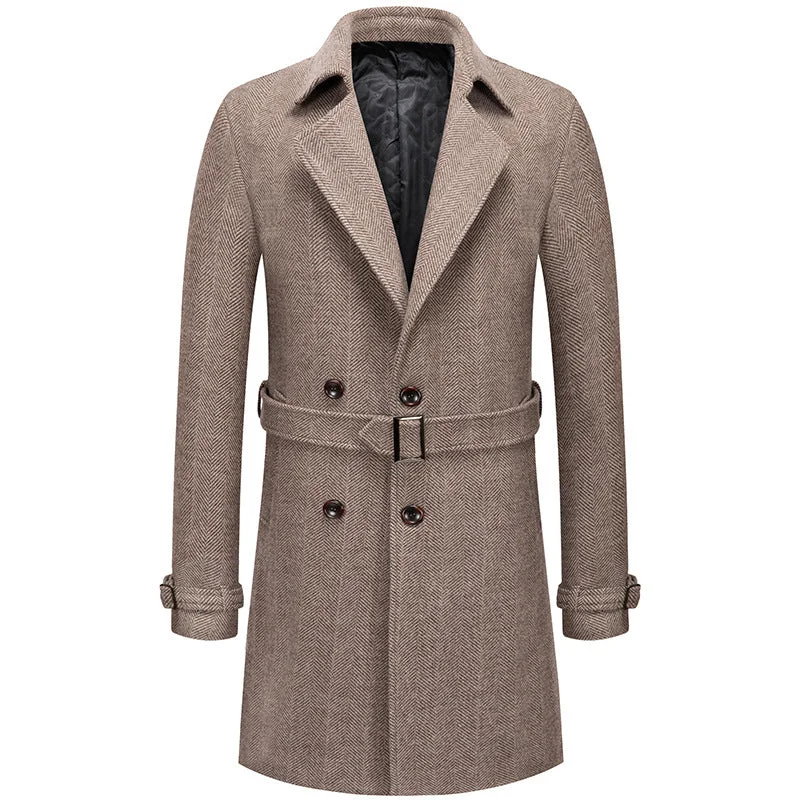 British Men's Belt Long Wool Trench Coat