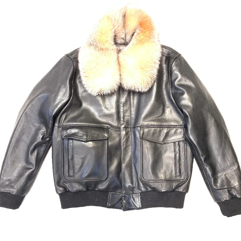 Daniels Leather Black Lambskin Red Fox Collar Bomber Jacket