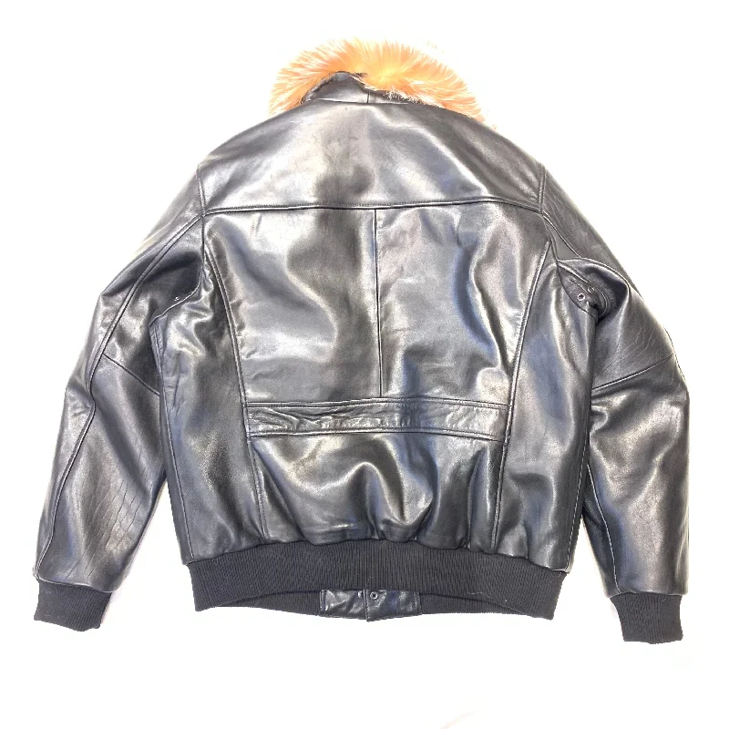 Daniels Leather Black Lambskin Red Fox Collar Bomber Jacket