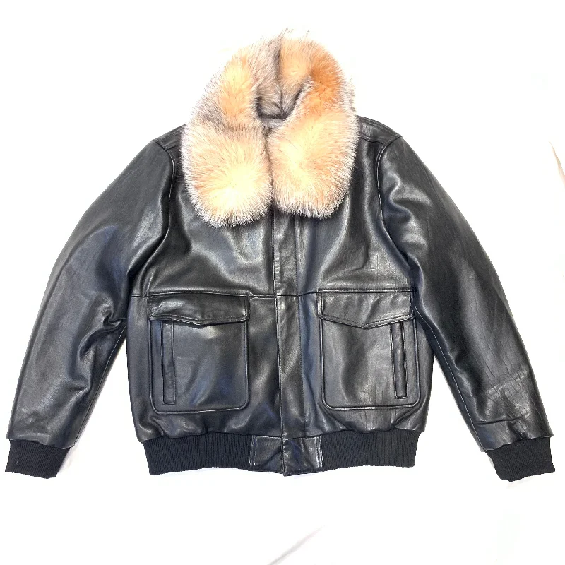 Daniels Leather Black Lambskin Red Fox Collar Bomber Jacket