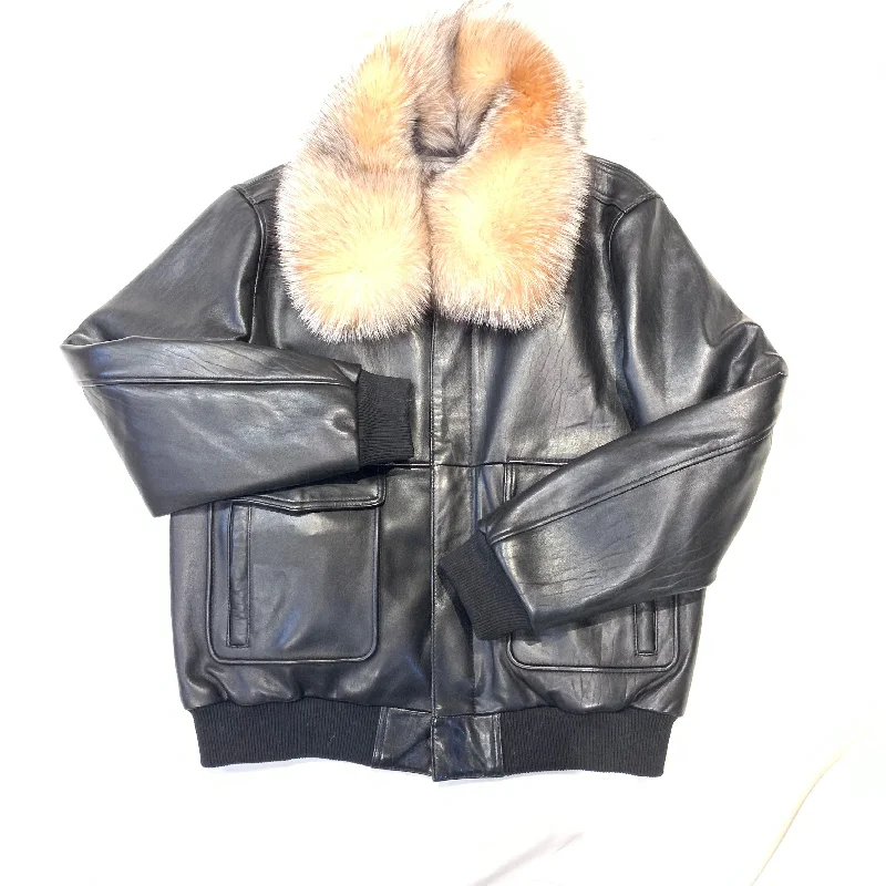 Daniels Leather Black Lambskin Red Fox Collar Bomber Jacket