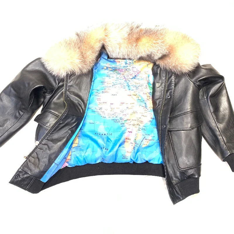 Daniels Leather Black Lambskin Red Fox Collar Bomber Jacket