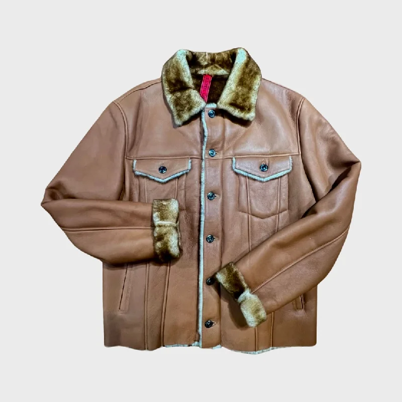 Goose Country Cognac Double Pocket Bomber Shearling Coat