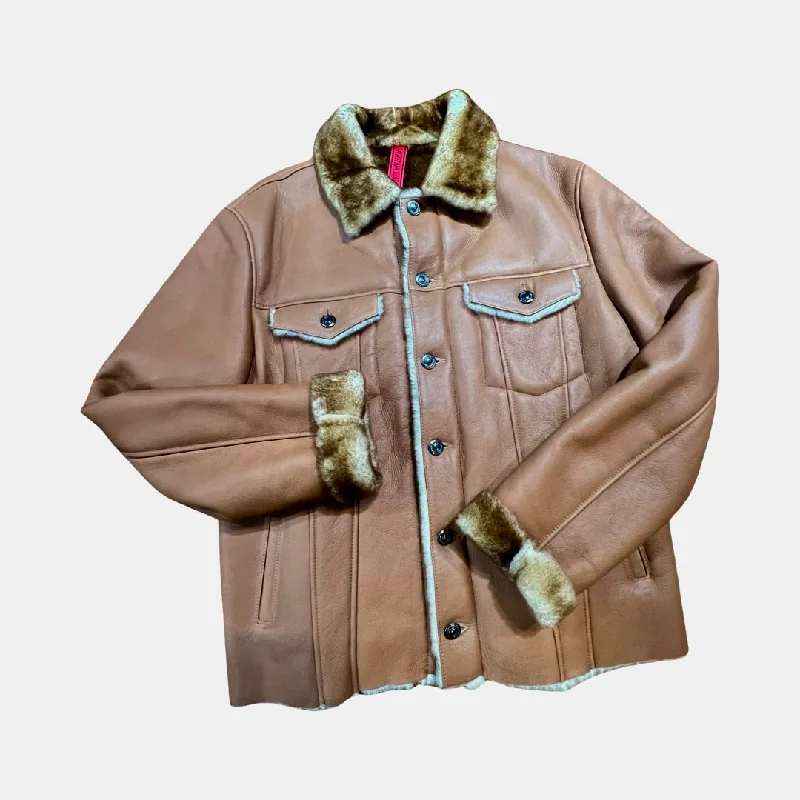 Goose Country Cognac Double Pocket Bomber Shearling Coat