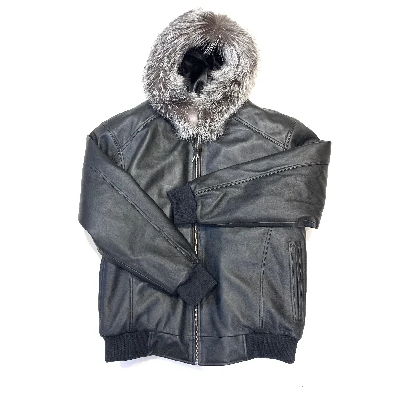 Kashani Black Lambskin Hooded Bomber Jacket