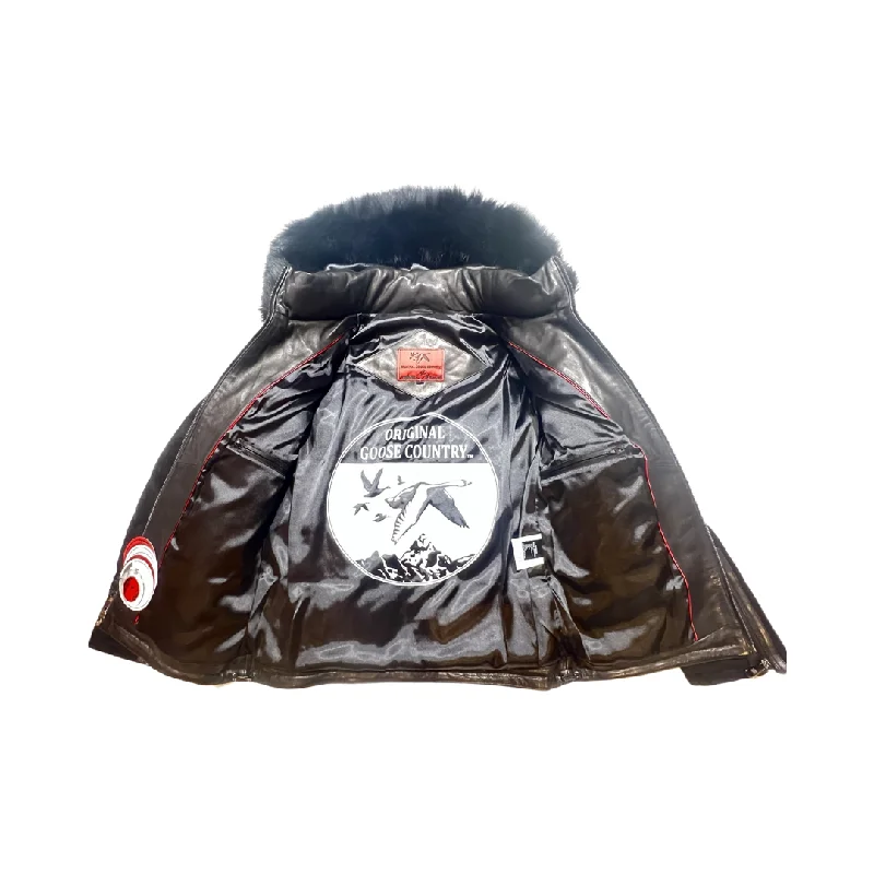 Goose Country Black Suede Fox Fur Hooded Lambskin Puffer Jacket