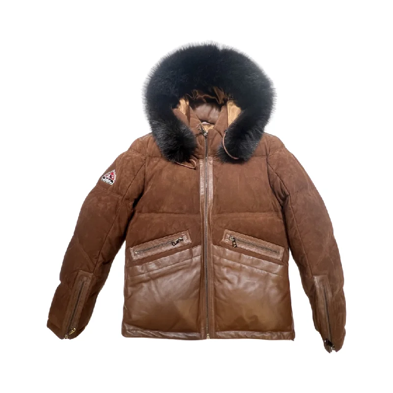 Goose Country Brown Suede Fox Fur Hooded Lambskin Puffer Jacket