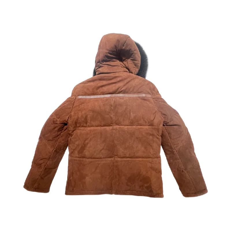 Goose Country Brown Suede Fox Fur Hooded Lambskin Puffer Jacket