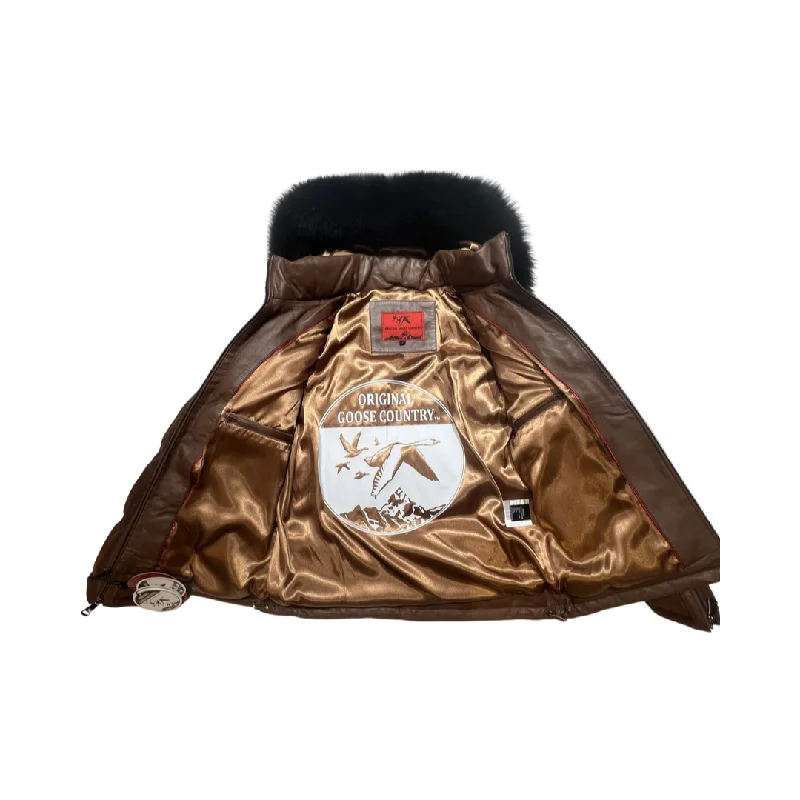 Goose Country Brown Suede Fox Fur Hooded Lambskin Puffer Jacket