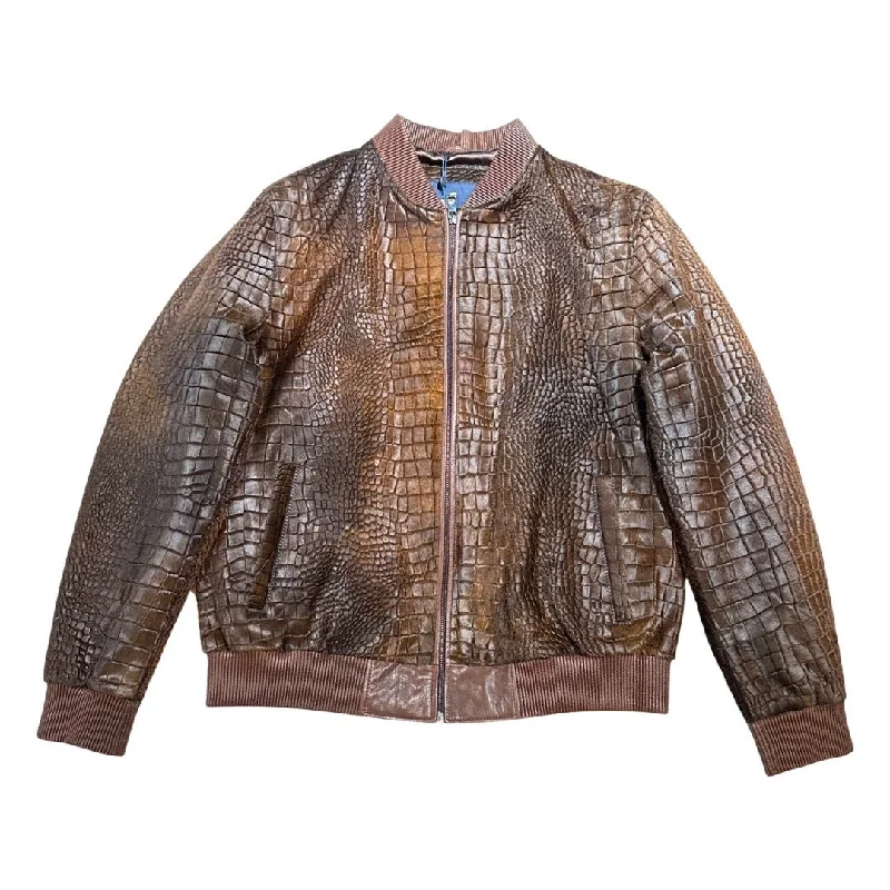 Kashani Chocolate Brown Pony Hair Alligator Print Bomber Jacket