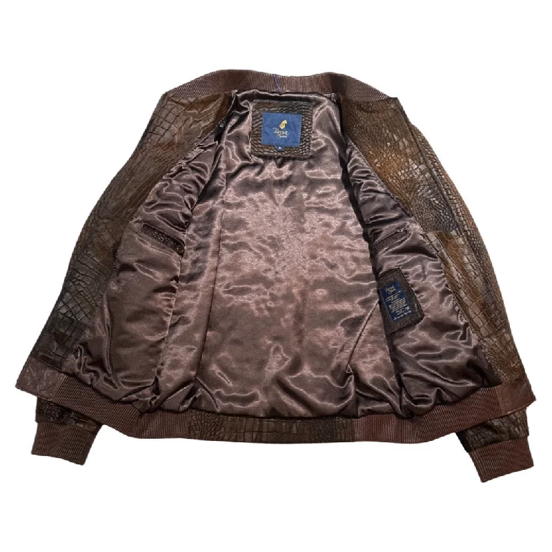 Kashani Chocolate Brown Pony Hair Alligator Print Bomber Jacket