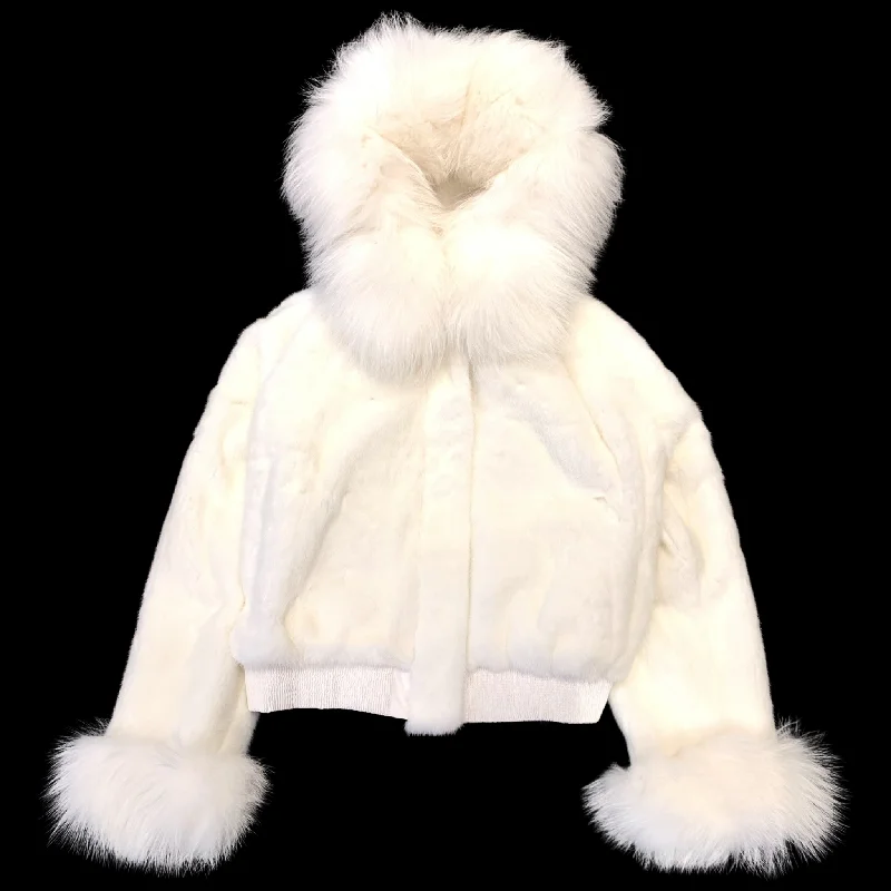 Kashani Ladies White Full Mink Fox Fur Hooded Coat