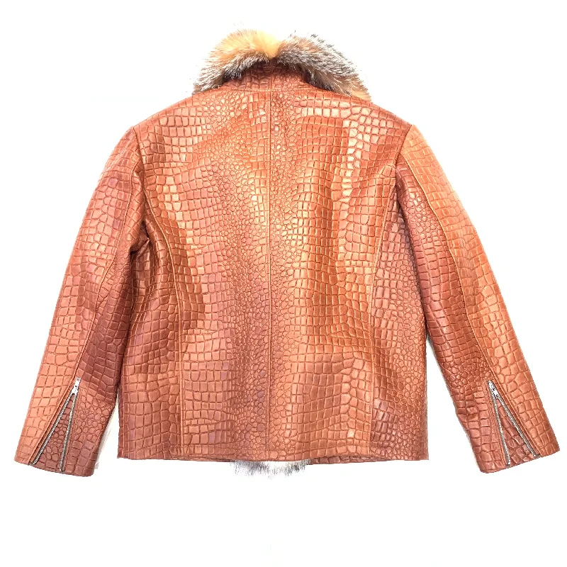 Kashani Men's Cognac Gator Embossed Fox Collar Biker Jacket