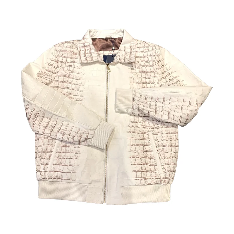 Kashani Men's Caffe/White Embossed Alligator Leather Bomber Jacket