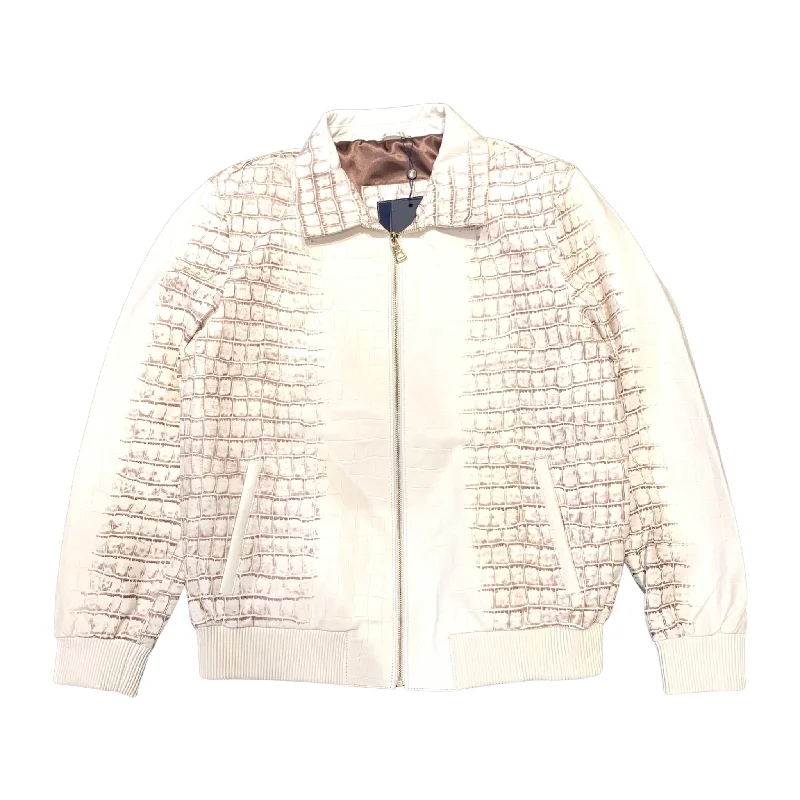 Kashani Men's Caffe/White Embossed Alligator Leather Bomber Jacket