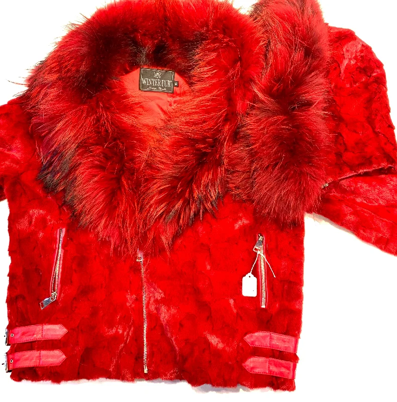 Kashani Mink Red Detachable Fox Collar Biker Jacket