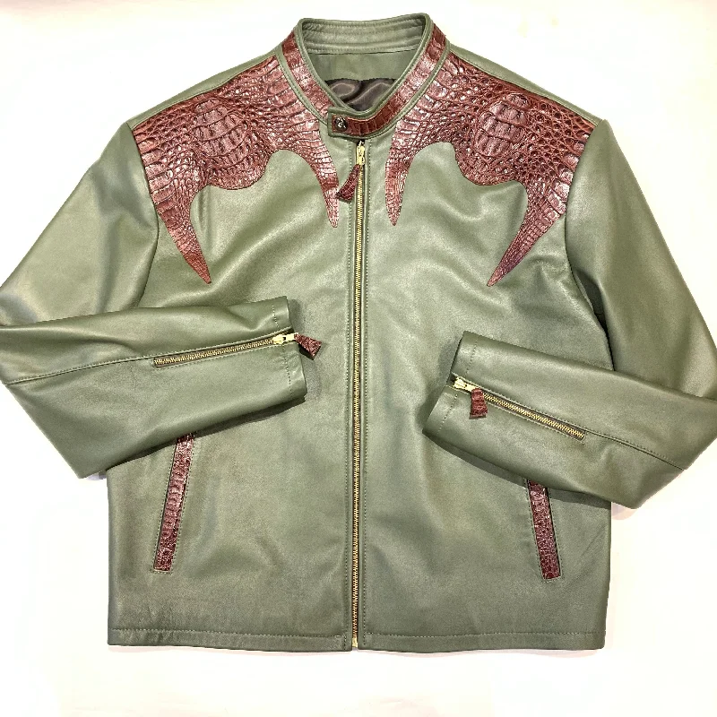 Kashani Olive Chocolate Alligator Bomber Jacket