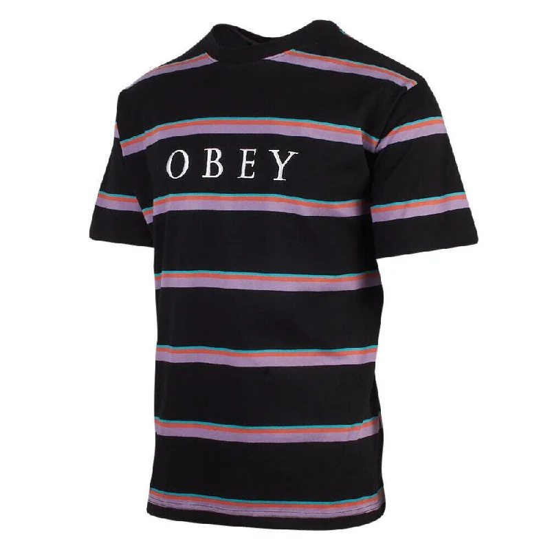 OBEY Men's Black Purple Coral Teal Striped S/S T-Shirt