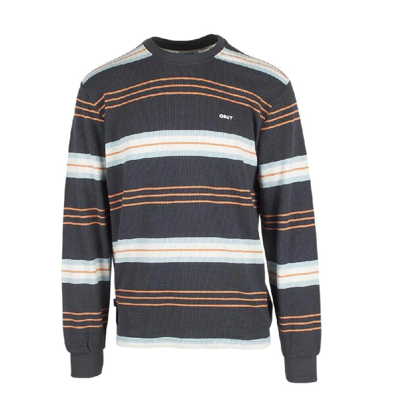 Obey Men's Navy Waffle Horizontal Striped Crew Neck L/S Sweater (S04B)