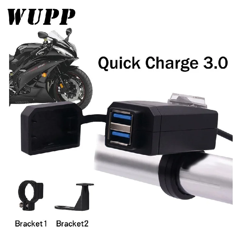 WUPP Universal QC3.0 USB Motorcycle Charger Waterproof Dual USB Quick Change 12V Power Supply Adapter for iphone Samsung Huawei