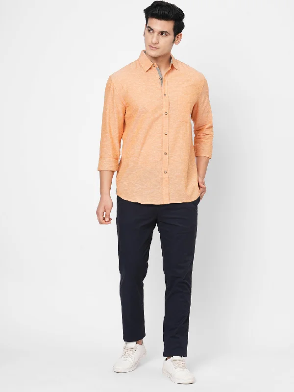 Men's Orange Cotton Linen Regular Fit Shirt