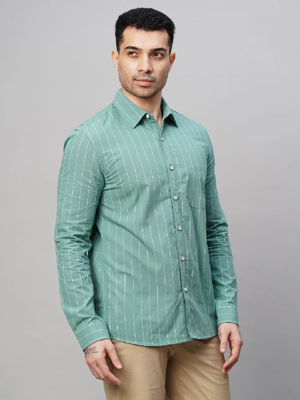 Men's Blue Cotton Regular Fit Striped Shirt