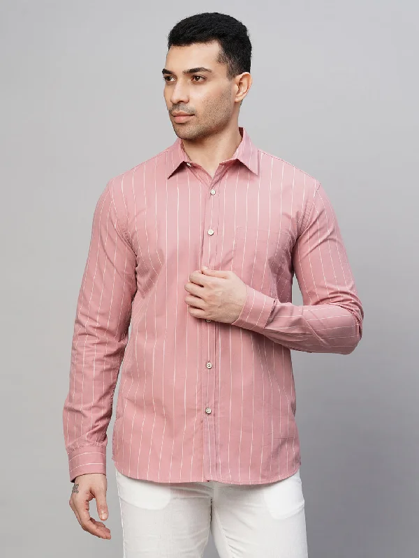 Men's Pink Cotton Regular Fit Striped Shirt