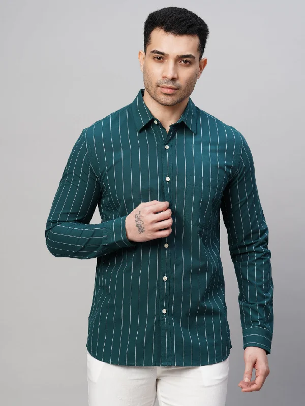 Men's Teal Cotton Regular Fit Striped Shirt