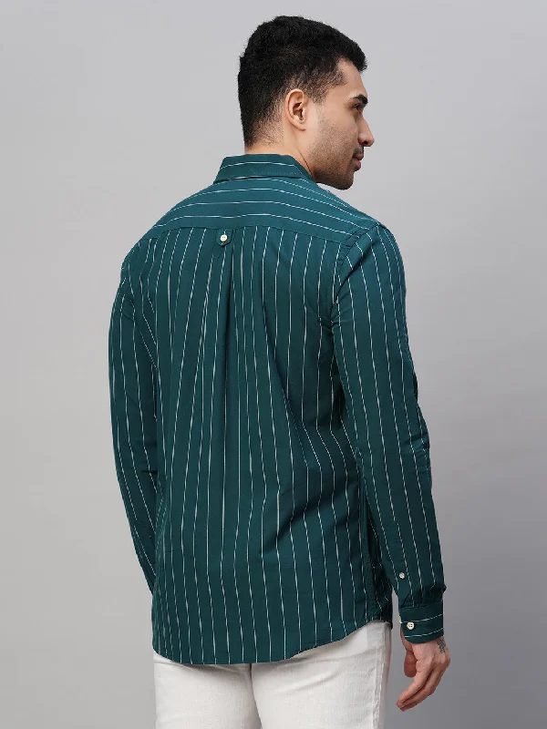 Men's Teal Cotton Regular Fit Striped Shirt