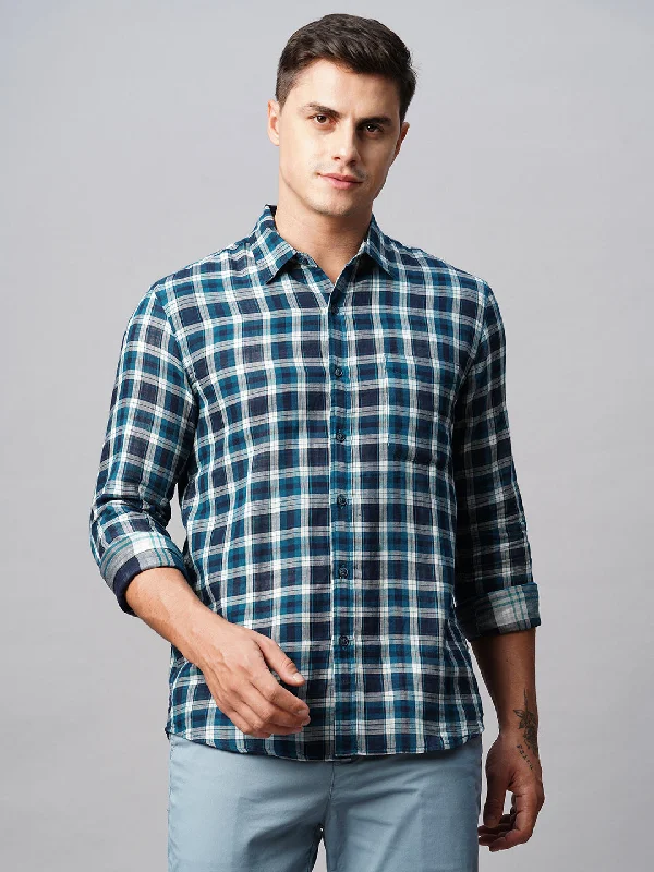 Men's Teal Cotton Regular Fit Checked Shirt