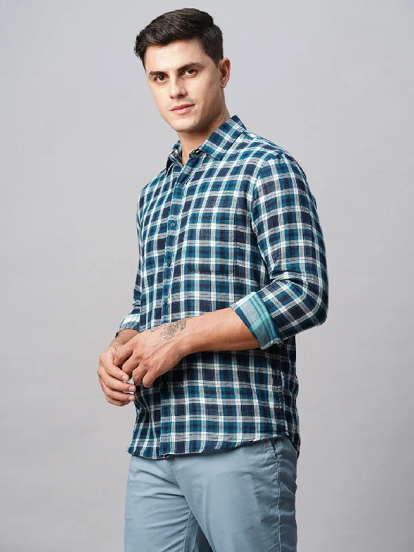 Men's Teal Cotton Regular Fit Checked Shirt