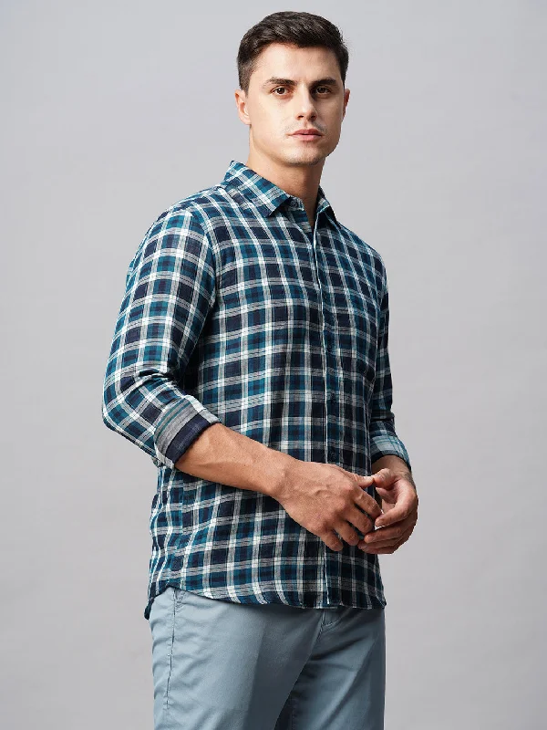 Men's Teal Cotton Regular Fit Checked Shirt