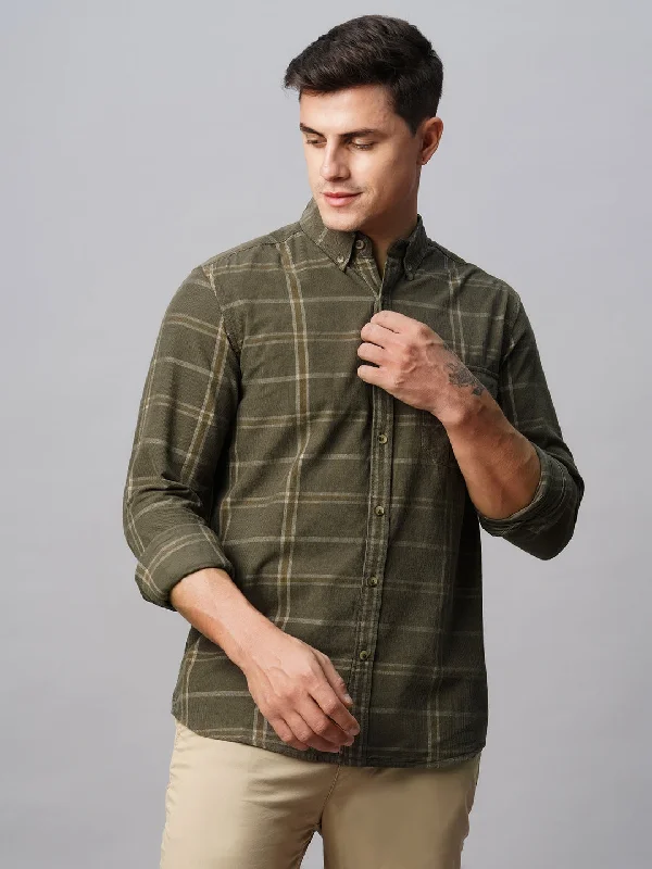 Men's Green Cotton Regular Fit Checked Shirt