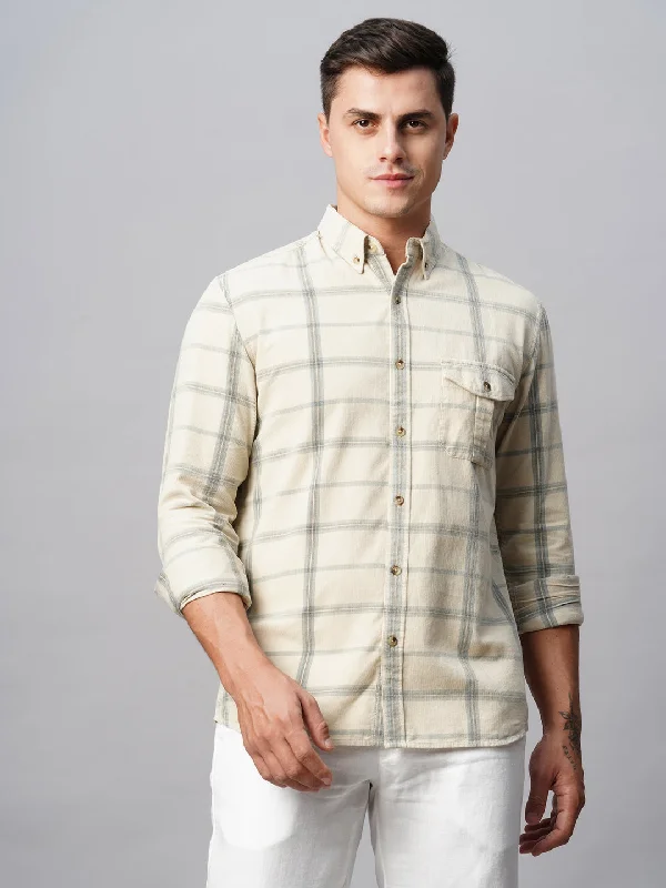 Men's Offwhite Cotton Regular Fit Checked Shirt