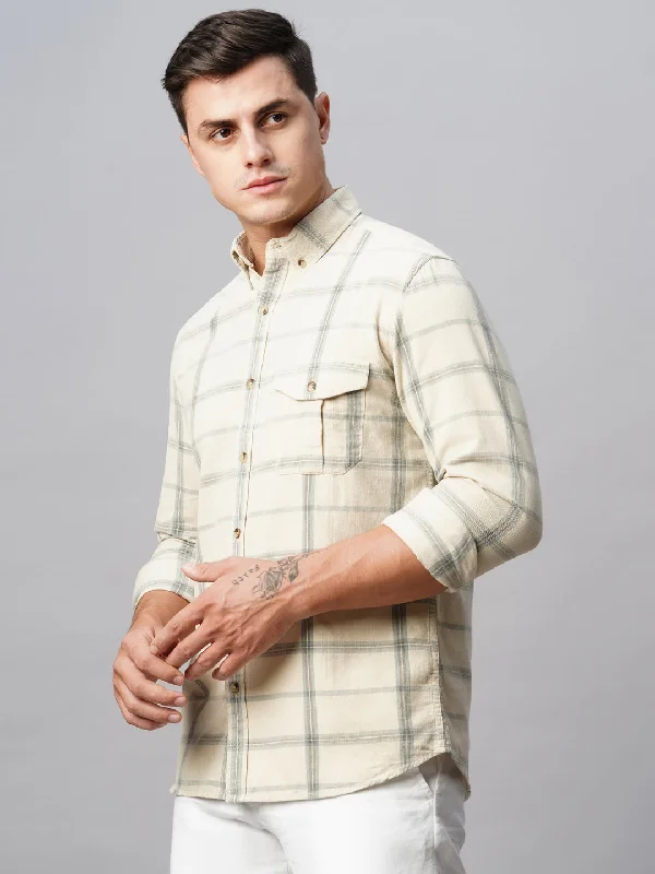 Men's Offwhite Cotton Regular Fit Checked Shirt