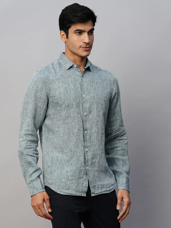 Men's Green 100% Linen Slim Fit Long Sleeved Shirt