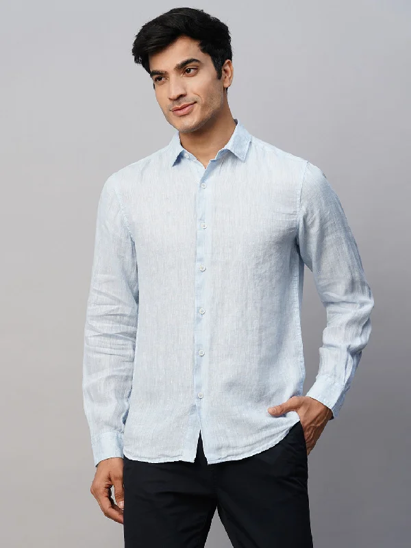 Men's Sky Blue 100% Linen Slim Fit Long Sleeved Shirt