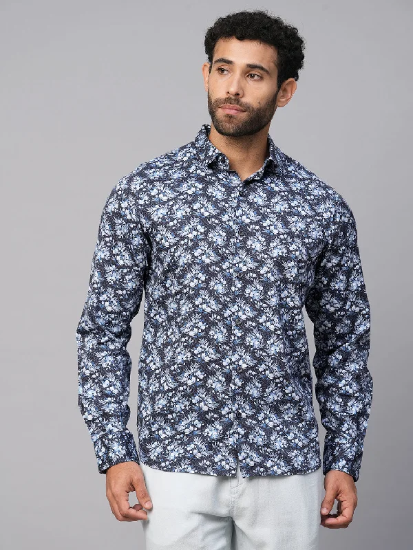 Men's Navy Cotton Slim Fit Printed Shirt