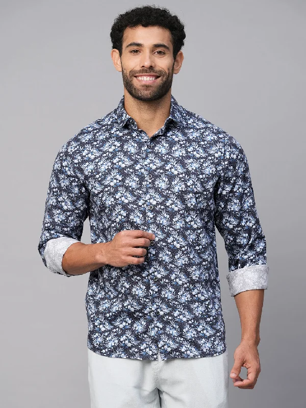 Men's Navy Cotton Slim Fit Printed Shirt